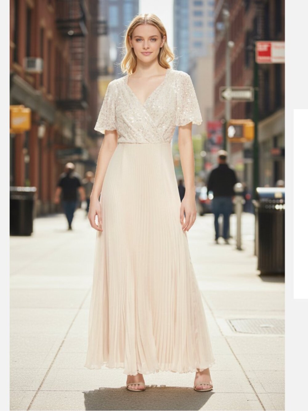 NWT $249 DKNY Chiffon Gown Sequin Embellished Pleated Vanilla Ivory SZ-14
